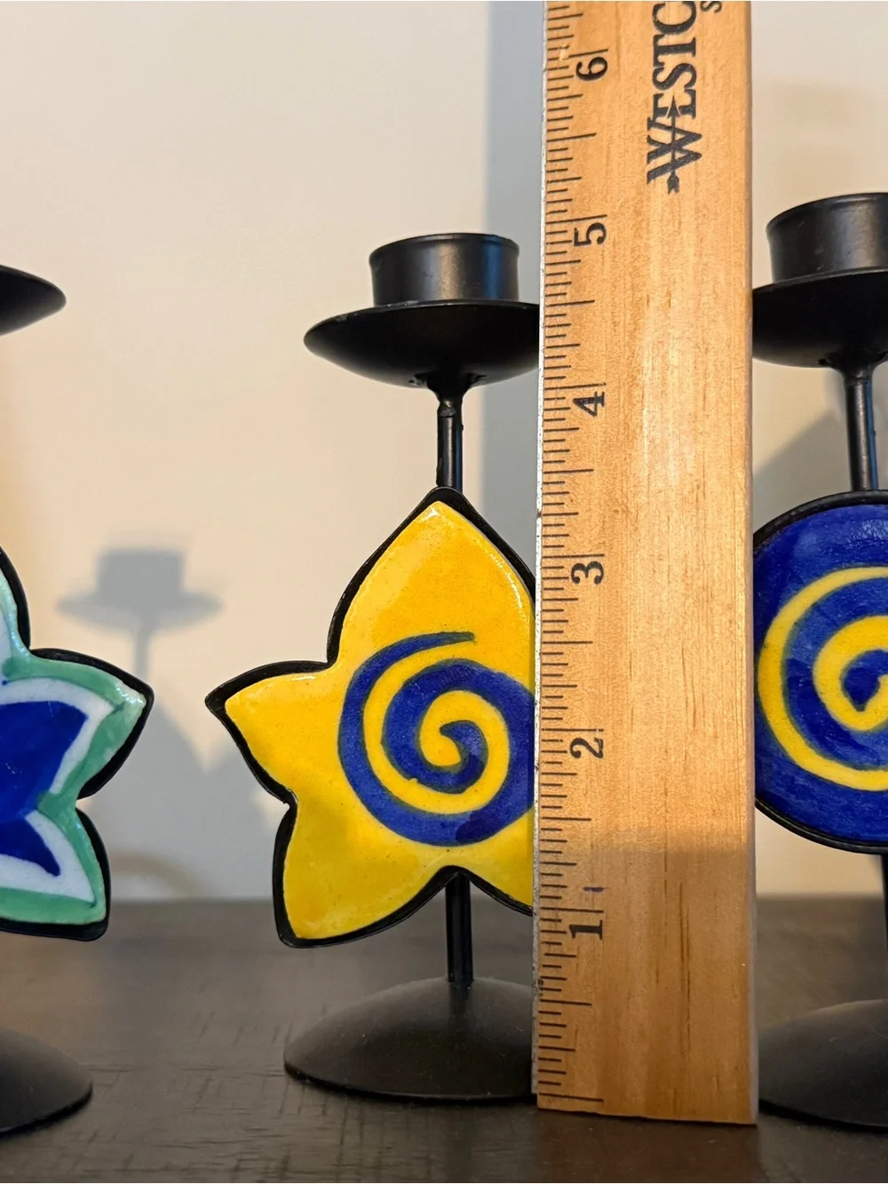 Vintage 90s Celestial Ceramic & Metal Candle Holder Trio Whimsigoth Star Spiral